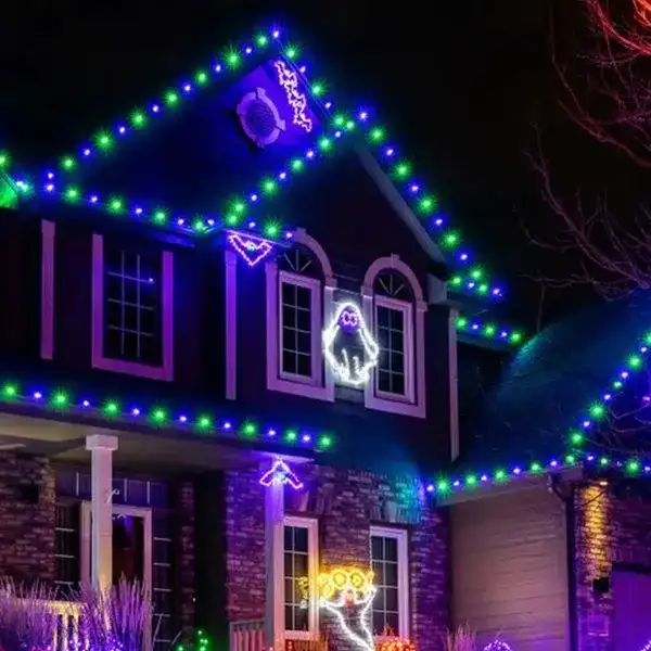 JellyFish permanent residential lighting installed along the roofline of a Chattanooga home