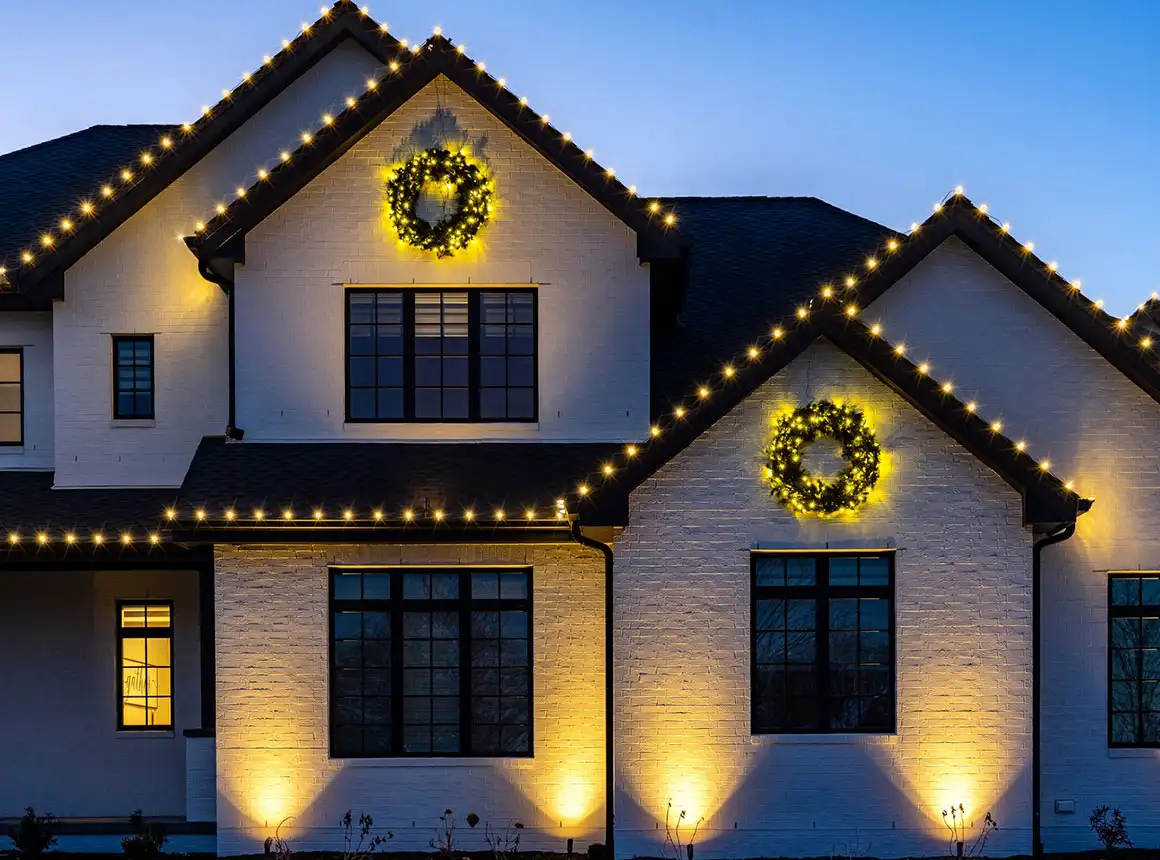 Permanent outdoor lighting installed on a home roofline