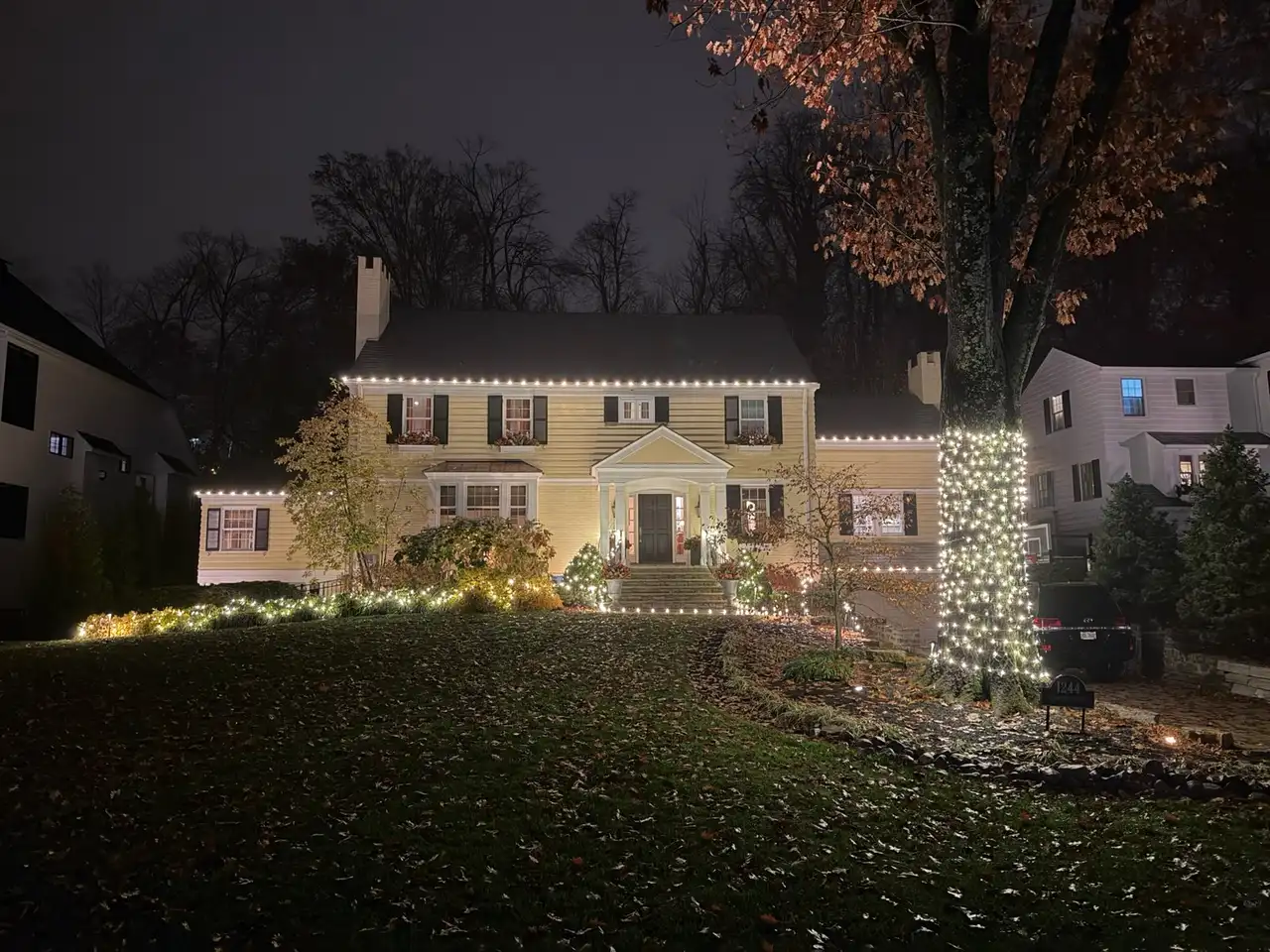 Yellow colonial home in the Cincinnati area at night with warm white Christmas lights along the roofline, a light-wrapped tree trunk and lit shrubs