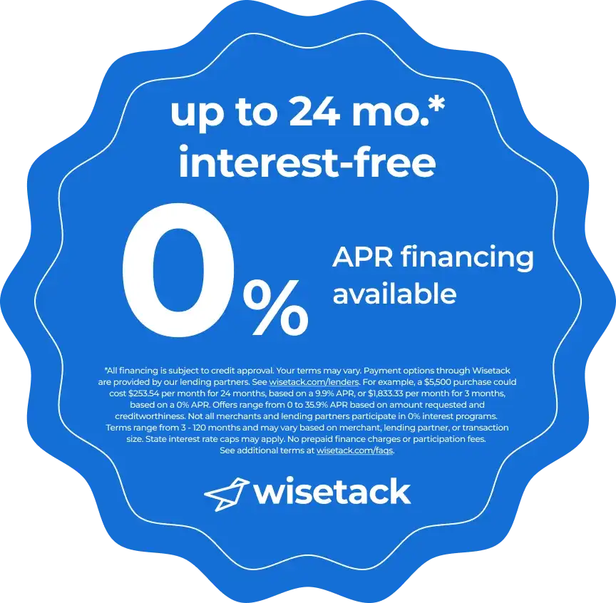 Up to 24 months interest-free: 0% APR financing available through Wisetack